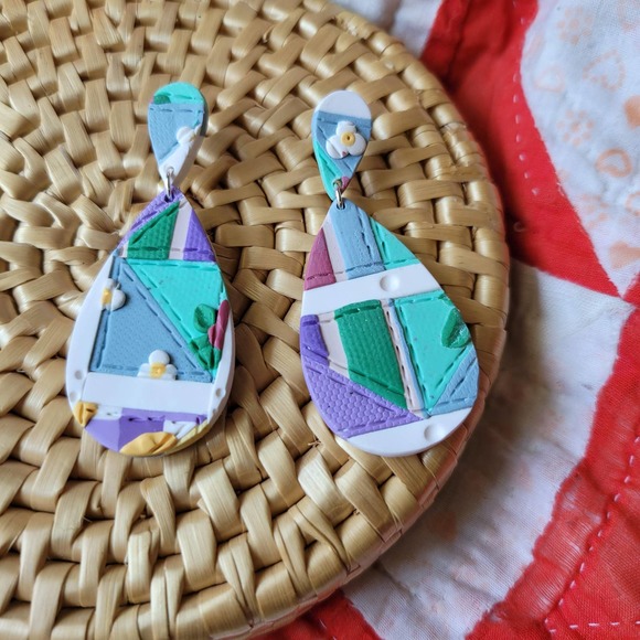 Patchwork Quilt Earrings Polymer Clay Teardrop - Picture 2 of 5